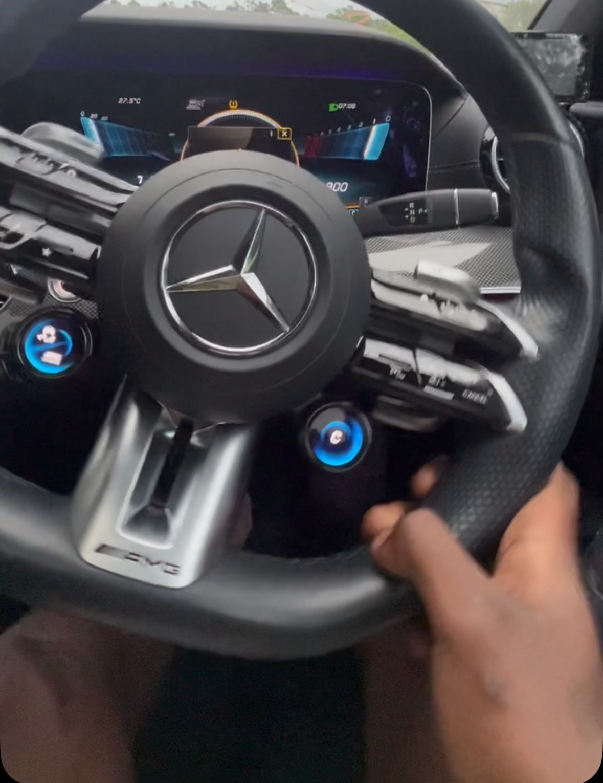 Mercedes-AMG steering wheel and digital cluster during an electrical check